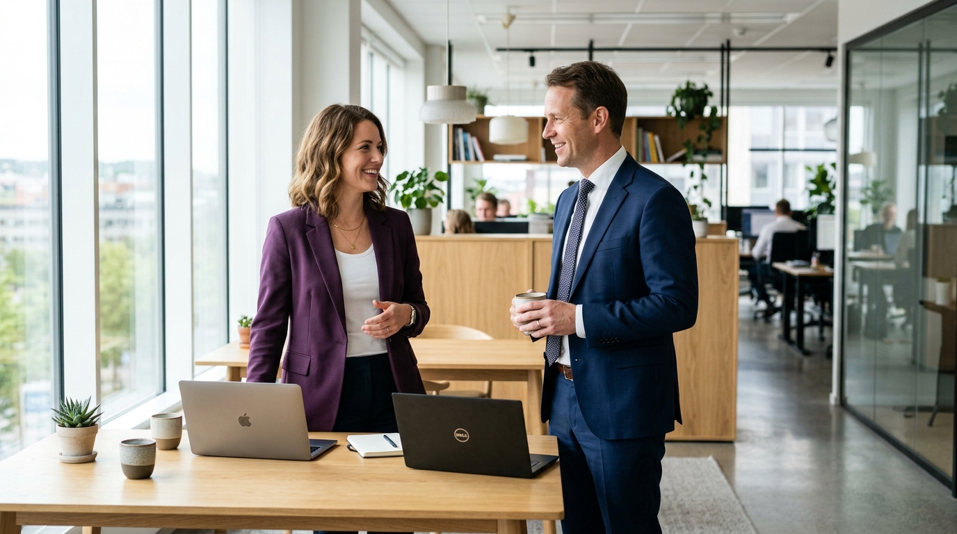 Kaksi ammattilaista keskustelee tekoälyn hyödyntämisestä modernissa toimistossa
